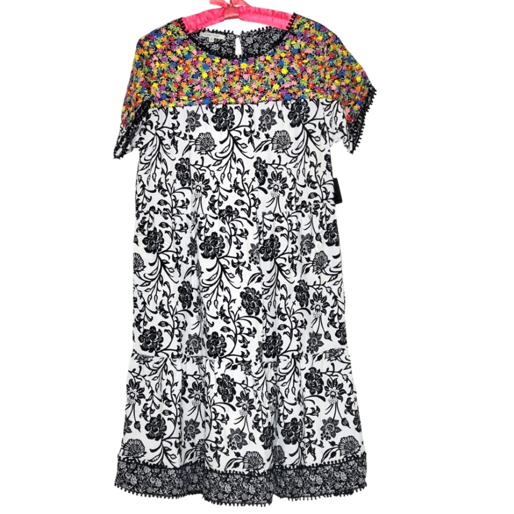 John Mark Womens Dress Size M Multicolor Floral Embroidery Short Sleeves